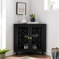Living Room Furniture Store 74 2 Door Corner Accent Cabinet With Fretwork Doors - Saracina Home