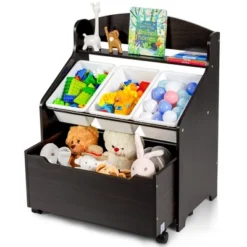 Costway Kids Wooden Toy Storage Unit Organizer W/Rolling Toy Box & Plastic Bins NaturalEspresso -Living Room Furniture Store GUEST 80f5cdc8 b56c 40a6 9518 1678a6f77403