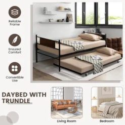 Costway Twin 2-In-1 Daybed Frame With Trundle Bed Set Steel Platform Sofa Bed Black -Living Room Furniture Store GUEST 9cff8a64 03ba 49e9 9437 42d88358e946