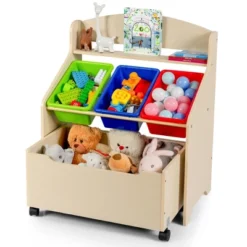 Costway Kids Wooden Toy Storage Unit Organizer W/Rolling Toy Box & Plastic Bins NaturalEspresso -Living Room Furniture Store GUEST b1538226 2c79 451e 9800 9bc4afb4832c