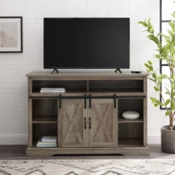 Transitional Sliding Barndoor Highboy TV Stand For TVs Up To 58" - Saracina Home -Living Room Furniture Store GUEST d93bcb01 6b73 4caa 92df 0c0c138da9a4